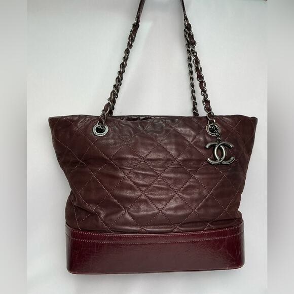 Chanel Burgundy Quilted Iridescent Calfskin Leather V*P Medium Shopping Tote Bag